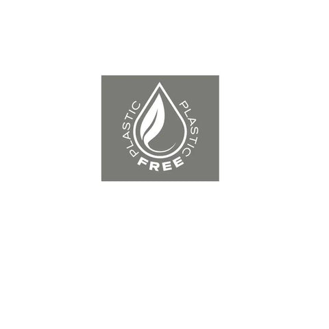 Plastic free logo with leaf inside water droplet icon on gray background.