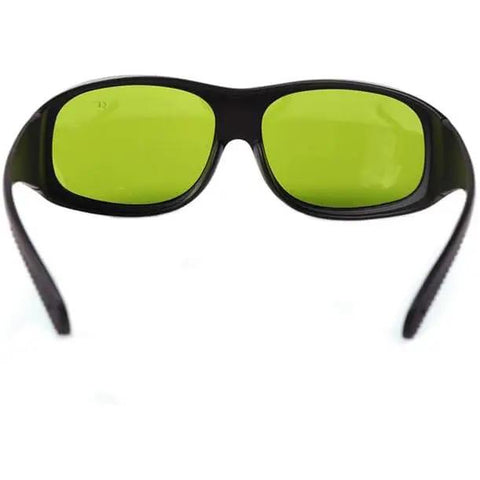 Legit Infrared Laser Safety Glasses Blocking 740Nm To 1100Nm ND YAG And Diode Beams showing front view with green lenses.