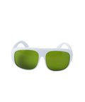 Pro Grade Infrared Laser Protective Eyewear Built Different For Pros With Crystal Clear View And Straight Up Reliable Blocking For Nd Yag Diode Systems And High Power Beams, white frame with green lenses.