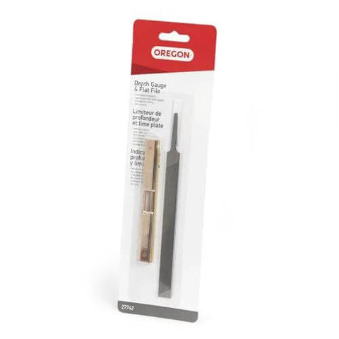 Oregon depth gauge tool with flat file two-piece set in red packaging, front view