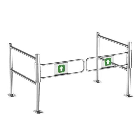 Pro Grade Self Closing Swing Gate Safety Entrance Barrier With Automatic Spring Loaded Mechanism Heavy Duty Walk Thru Gate For Stores Warehouses And Home Pet Safe Zone, steel construction with directional arrows.