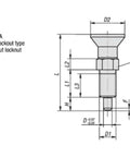 Technical drawing of Rock Solid Steel Indexing Plunger With Hardened Extended Locking Pin And Black Oxide Finish Metric M10 Thread Pull Knob.
