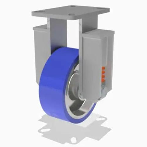 Heavy Duty Spring Loaded Rigid Caster With Eight Inch Polyurethane Wheel On Durable Cast Iron Housing Featuring Three Quarter Inch Sealed Precision Ball Bearings That Roll Like Butter All Day Long, showcasing blue 8" wheel and gray housing.