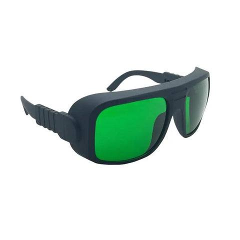 Top Notch Laser Safety Glasses With Kick Ass Eye Protection For Red Diode And Infrared Lasers Covering 635 To 1100Nm Wavelengths For Workshop And Lab Use, showing green lenses.