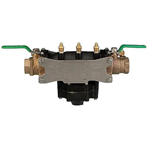 Front view of Wilkins 2-375XLFT FNPT RPZ backflow preventer with brass body, green handles and test cocks, 2-inch