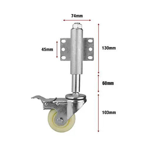 Heavy Hitter Spring Loaded Gate Rollers With Locking Brake Self Adjusting Caster For Farm And Barn Gates Sag Free Smooth Sailing Operation Built Tough Nylon Metal Frame One Pack showing dimensions and metal parts.