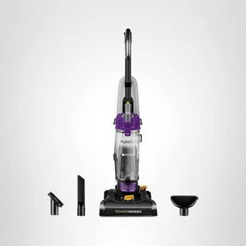 Front view of Eureka PowerSpeed bagless upright vacuum cleaner, purple, with floor nozzle and attachments.