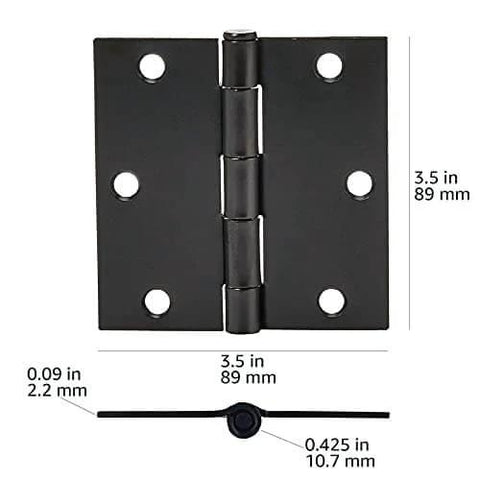Interior Door Hinges Square 3.5 Inch Matte Black Durable Steel Construction, Pack Of 12 With 72 Mounting Screws, front view with measurements