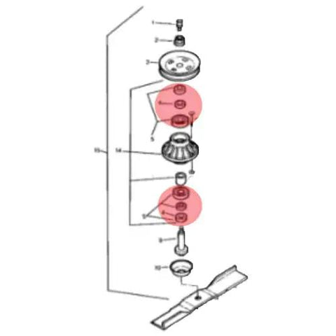 Top Shelf Mower Deck Bearing Replacement Kit With Heavy Duty Spindles For Fast Shed Fixes And Smooth Riding Tractors On Forty Or Fifty Four Inch Decks No Hassle Ever diagram showing mower deck parts with labeled bearings.
