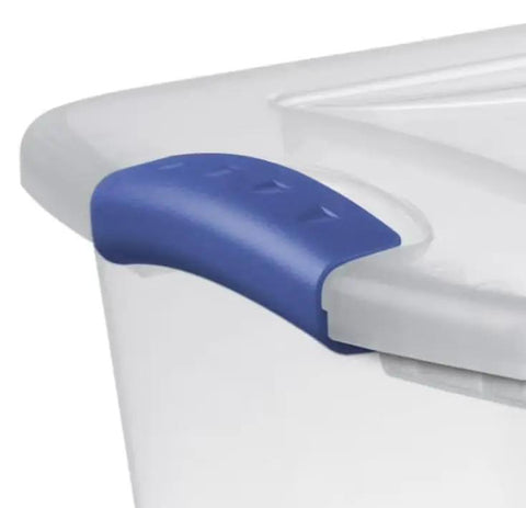 Detail of blue latch on 27 Quart Clear Plastic Storage Bin With Lock Down Latching Lid Stackable Organizer Tote.