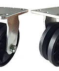 Set Of Two Heavy Duty V Groove Caster Wheels Built Tough For The Jobsite Featuring Rigid And Swivel Options with black rubber wheels.