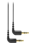 Top Shelf Compact Shotgun Camera Microphone Bundle With Lightning Cable Tabletop Tripod Stand And Handheld Grip For Dead Set Crisp Podcasting Vlogging And Mobile Journalism angled 3.5mm audio cable with gold connectors and black flexible design.