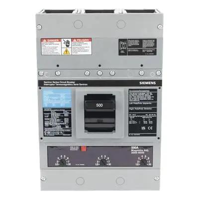 Solid As A Rock Three Pole Circuit Breaker With 500 Amp At 600 Volt Rating And 25 Kiloamp Interrupt Capacity For Commercial Panel Upgrades and New Surplus Stock. Gray industrial circuit breaker with 500A capacity.