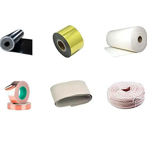 Fully Automatic Industrial Cutting Solution For Shrinkage Tube Wire Film Paper Foil Belt Heavy Duty Multi Material Trimmer With Calibration System, assorted material rolls including foil, film, and paper.