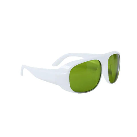 Top Shelf Infrared Laser Safety Glasses Built Different For Total Nd Yag Defense Across 720 To 1100Nm Ranges With Crisp Clear Optics And Rock Solid Od7 Plus Lens Shield, green lenses, white frame.
