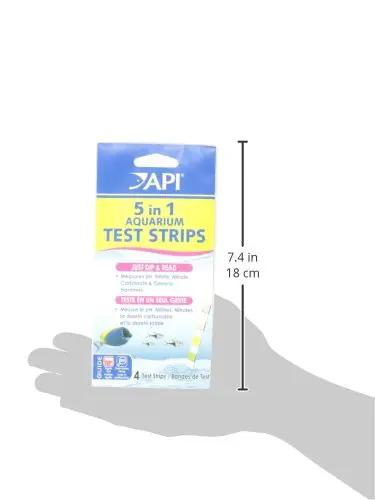 Quick Dip Five In One Aquarium Water Test Strips For Freshwater And Saltwater Tanks in hand, showing 7.4 inches packaging size.