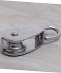 Close-up of a 32mm Stainless Steel Swivel Single Sheave Pulley Roller for Rope Wire and Cable Lifting Heavy Duty Design for Rigging.