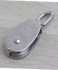 Front view of 32mm Stainless Steel Swivel Single Sheave Pulley Roller for Rope Wire and Cable Lifting Heavy Duty Design for Rigging and Transportation.
