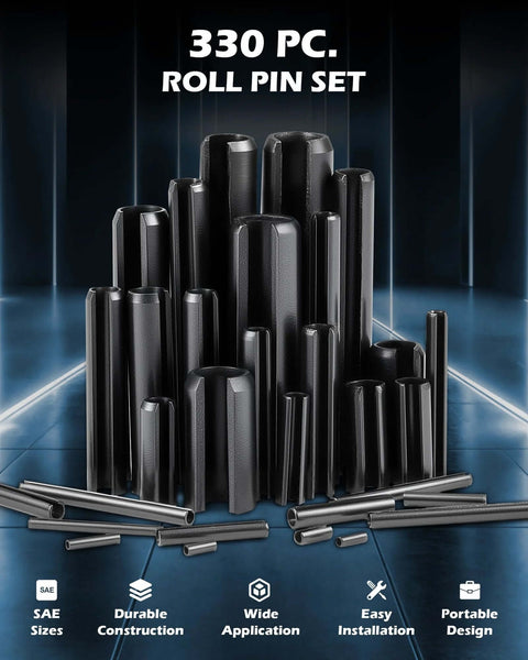 330Pcs SAE Roll Pin Assortment Kit, 10 Sizes Slotted Spring Pins 1/16 5/64 3/32 1/8 5/32 3/16 7/32 1/4 5/16 3/8 Inch