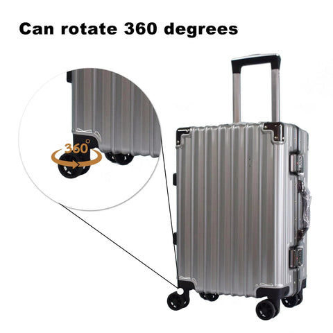 Silver suitcase with Black Luggage Wheel Replacement Set For Suitcases Left And Right Swivel Caster Wheels With 4 Hole Mounts And 360 Degree Rotation Including Hole Spacings 1.3 In, 1.54 In, 1.77 In And 1.18 In With Diagonal Spacing 95 Mm And 93 Mm