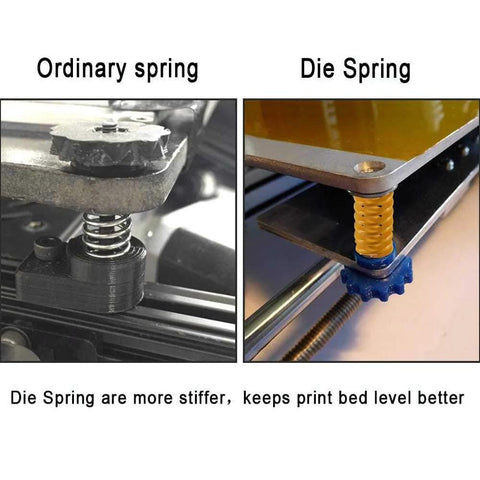 Comparison of an ordinary spring with a die spring in a 3D printer setting, showcasing stability benefits for bed leveling with 2 Pack Red 3D Printer Compression Springs For Heating Bed Leveling Die Heads 20mm Outer Diameter 10mm Inner Diameter 25mm Length Made From 65Mn Steel Wear Resistant High Load Spiral Mold Springs.