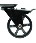 Side view of 3 Inch Polyurethane Black Mag Designer Caster Set With Non Marking Floor Protection, Total Lock Braking System, metal frame.