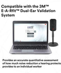 Laptop displaying 3M E-A-Rfit Dual-Ear Validation System interface with microphone setup