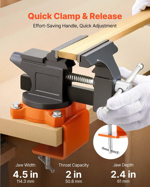 4.5 Inch Bench Vise With 270 Degree Swivel Base And Quick Release Rotating Clamp Cast Iron Portable Vise clamping a wooden board