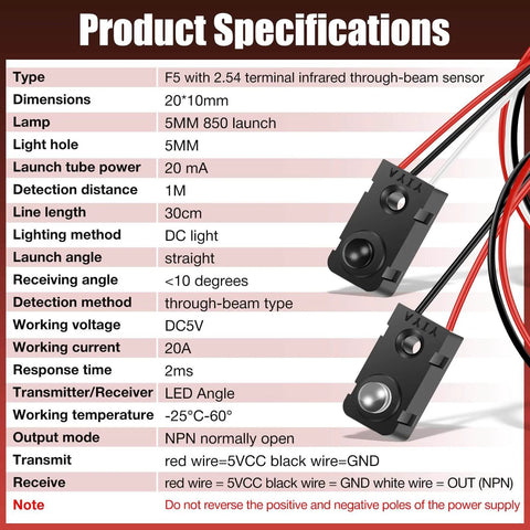 Specifications for 4 Pack Infrared Break Beam Sensor Kit With Split Transmitter And Receiver For Precise Counting In DIY Projects.