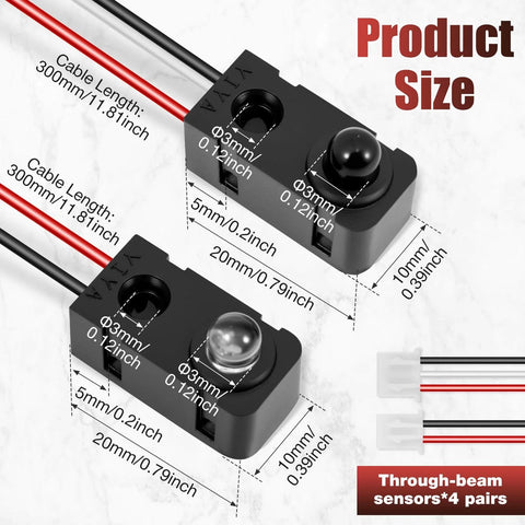 4 Pack Infrared Break Beam Sensor Kit With Split Transmitter And Receiver for Precise Counting, showing dimensions and cable length.