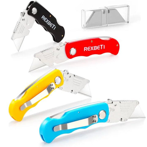 4-pack folding utility knife with quick-change blades and back-lock in four colors and extra SK5 blades, ideal for box opening.