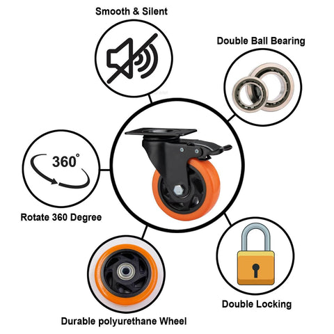 4" Caster Wheels, Heavy Duty Set of 4 - Orange Polyurethane Top Plate Swivel Casters, Industrial 4-Pack with Brake, Locking Wheels for Furniture and Workbench