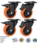 4" Caster Wheels, Heavy Duty Set of 4 - Orange Polyurethane Top Plate Swivel Casters, Industrial 4-Pack with Brake, Locking Wheels
