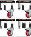 4 Inch Prep Table Caster Wheels Set Of 4, Heavy Duty Expanding Stem Casters For Stainless Steel Furniture Legs, Work Tables And Kitchen Benches, Fits Inner Diameters 7/8 In, 1 In, 1-1/2 In And 1-5/8 In, With Brakes, shown in four sizes