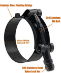 Front view of 4 Pack 4 Inch T Bolt Hose Clamps in Black Coated 304 Stainless Steel for Heavy Duty Use, clamp range 108 to 116 mm.