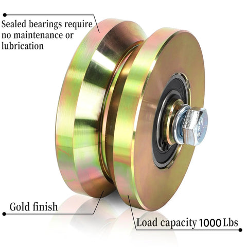 Two Pack Four Inch Solid Slide V Groove Wheels With Heavy Duty Sliding Gate Casters For Industrial Rails And Machinery One And Three Quarter Inch Width Gate Wheels With Screws And Double Bearings Corrosion Resistant Load Capacity Up To 1000 Lbs with gold finish and sealed bearings