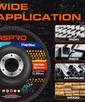 40 Grit Zirconia Flap Discs 4.5 Inch T27 For Angle Grinder 12 Pack Metal Wood with application examples on various materials