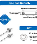 400 Pcs 1/8 Inch Pop Rivet Washers Set For 1/8 Rivets Stainless Steel Aluminum with size and quantity details