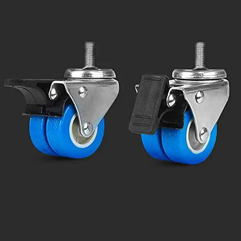 Badass Heavy Duty Washer Base With Smooth Glide Casters, Tough As Nails Stainless Steel Fridge Stand, detailed view of robust blue casters.