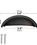 Killer Eight Pack Slick Cup Pull Handles For Vintage Farmhouse Kitchen Cabinets And Dresser Drawers In Drop Dead Beautiful Oil Rubbed Bronze With Three Inch Screws Spacing And Solid Zinc Construction For Fast Refresh Projects showing dimensions and screws.