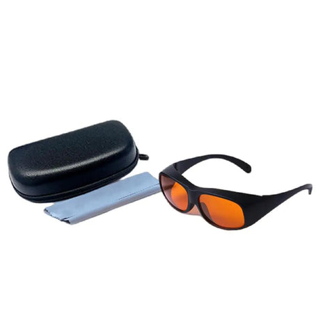 Heavy Duty Laser Safety Glasses With Top Shelf OD5 Protection Covering 180 To 540 Nm Wavelengths Clear Lens with case and cloth.