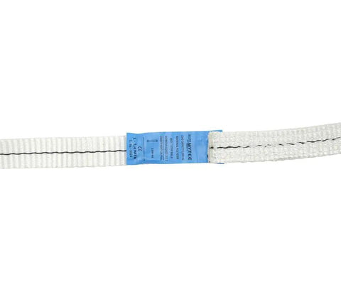 Close-up of 1 inch by 4.5 foot white polyester endless round sling with label, 20 Pack 1 Inch By 4 And A Half Foot White Polyester Endless Round Sling Tough As Nails Heavy Duty Lifting And Towing For Wrecker Recovery With 2200 Lbs Vertical Capacity 1760 Lbs Choker 4400 Lbs Basket Strength