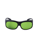 Professional Laser Safety Glasses Provide Beefy OD5 Protection For 660Nm And 800 To 1095Nm Erbium Systems, front view, black frame with green lenses.