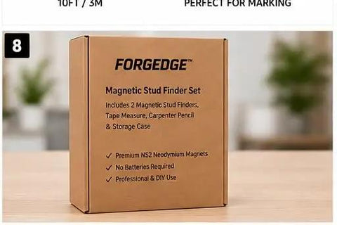 FORGEDGE Magnetic Stud Finder Set packaging with contents listed, perfect for home improvement projects and DIY use.