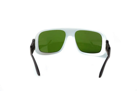 Professional Laser Safety Glasses Built Damn Tough For Ipl Gear with green lenses and black frame, provides eye protection.