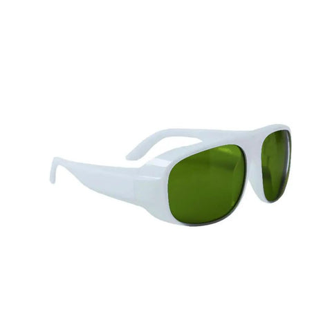 Top Tier Infrared Laser Protective Glasses With Nd:Yag Optical Density Eight Plus Clear Lens Built To Handle Heavy Duty Shop And Industrial Tech Load Reliable Gear, white frame, green lenses.