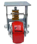 Built Tough Heavy Duty Shock Absorbing Caster Wheels Featuring Spring Loaded Design And Wear Resistant Polyurethane Treads Delivers Smooth Five Inch Travel And Three Thousand Pound Capacity Per Set Brake Options Heavy-duty caster wheel with 4" frame and 2" poly tread.