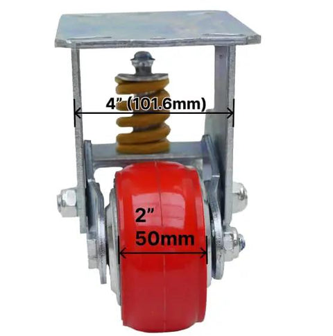 Built Tough Heavy Duty Shock Absorbing Caster Wheels Featuring Spring Loaded Design And Wear Resistant Polyurethane Treads Delivers Smooth Five Inch Travel And Three Thousand Pound Capacity Per Set Brake Options Heavy-duty caster wheel with 4" frame and 2" poly tread.