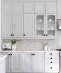 Kitchen cabinets featuring Dang Slick Matte Black Finish Round Cabinet Knobs Zinc Hardware, enhancing a modern grey cabinetry design.