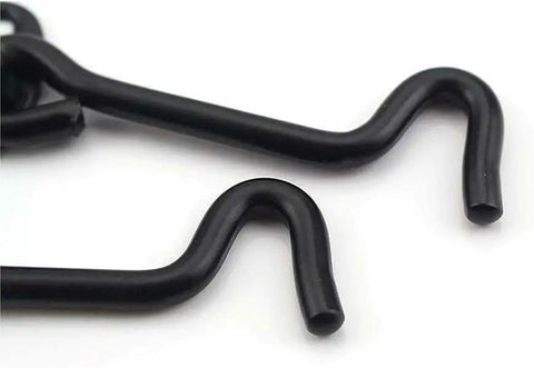 Close-up of two black swivel hooks from 2 Pack Swivel Hook Gate Latch Stainless Steel Barn Shed Cabinet Door Holder.